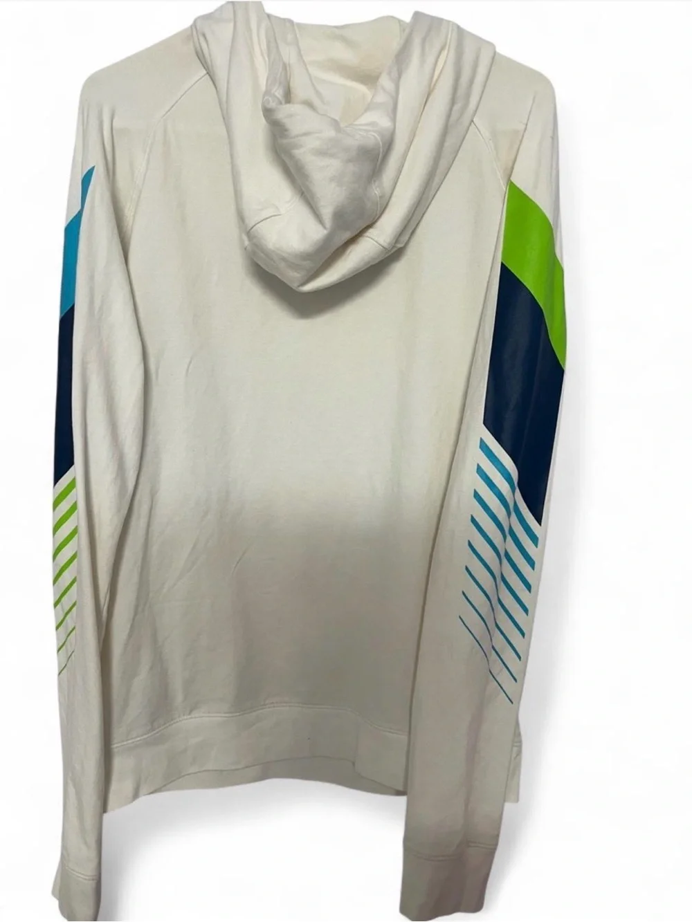 American Eagle Outfitters White Hoodie with Blue & Green Sleeve Accents